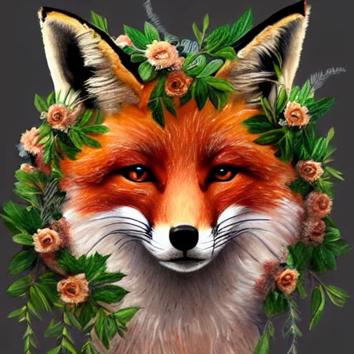 Prompt: portrait of a fox wearing a tiara, wreath flowers, fantasy art, trending on artstation, beautiful art, intricate, elegant, highly detailed, digital painting