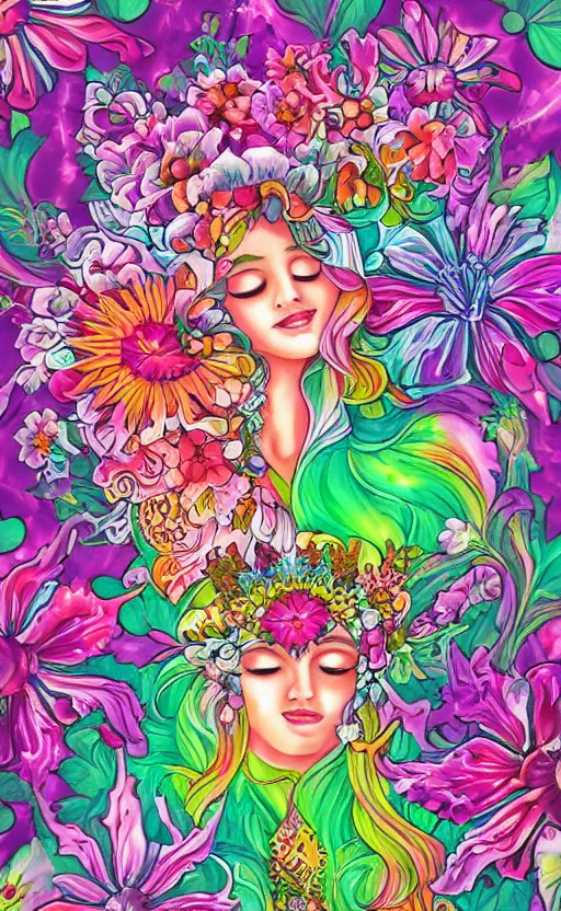 Image similar to tranquil oblivion, floral queen, artwork by artgem, art by lisa frank