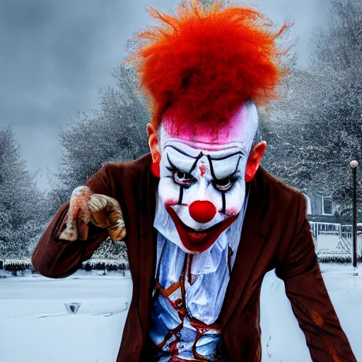 Image similar to scary clown stands in the street in winter, high quality, digital art, 8K, HD, photorealistic, realistic,