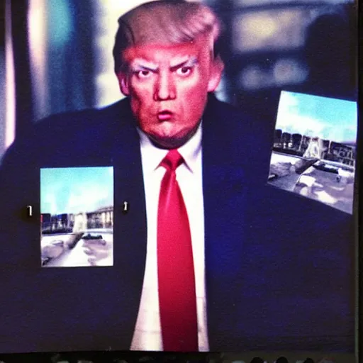 Image similar to polaroid movie still of zombie donald trump eating tucker carlson on foxnews,