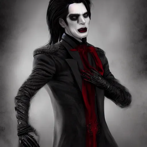 Image similar to a vampire, male, mid - 3 0 s aged, long, slicked black hair, clean shaven, in red and black, regal, high fantasy, realistic, highly detailed, concept art, 8 k.