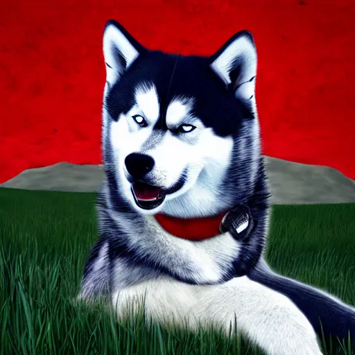 Image similar to a husky wearing a red shirt in the style of the red dead redemption 2 cover art