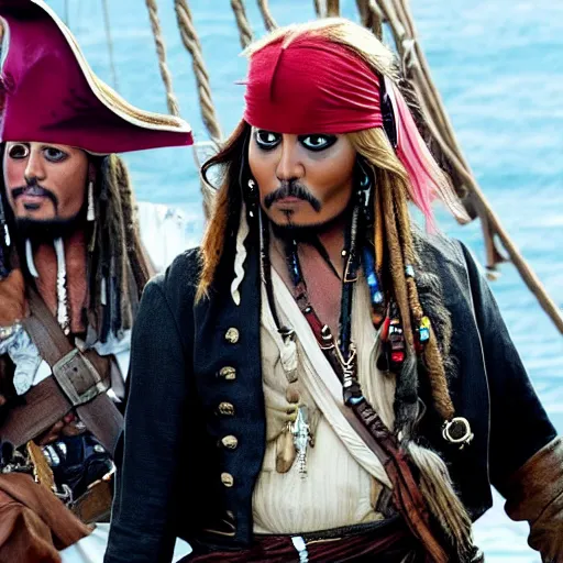 Image similar to donald trump acting next to jack sparrow in the pirates of the caribbean movie