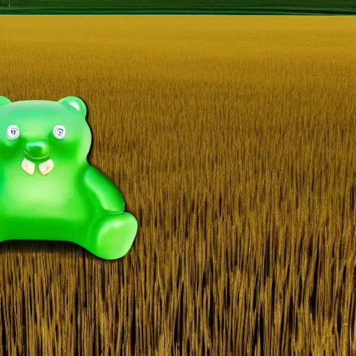 Prompt: Giant green gummy bear sitting in a wheat field, dslr, 8k, photorealistic, cinematic, ray tracing,