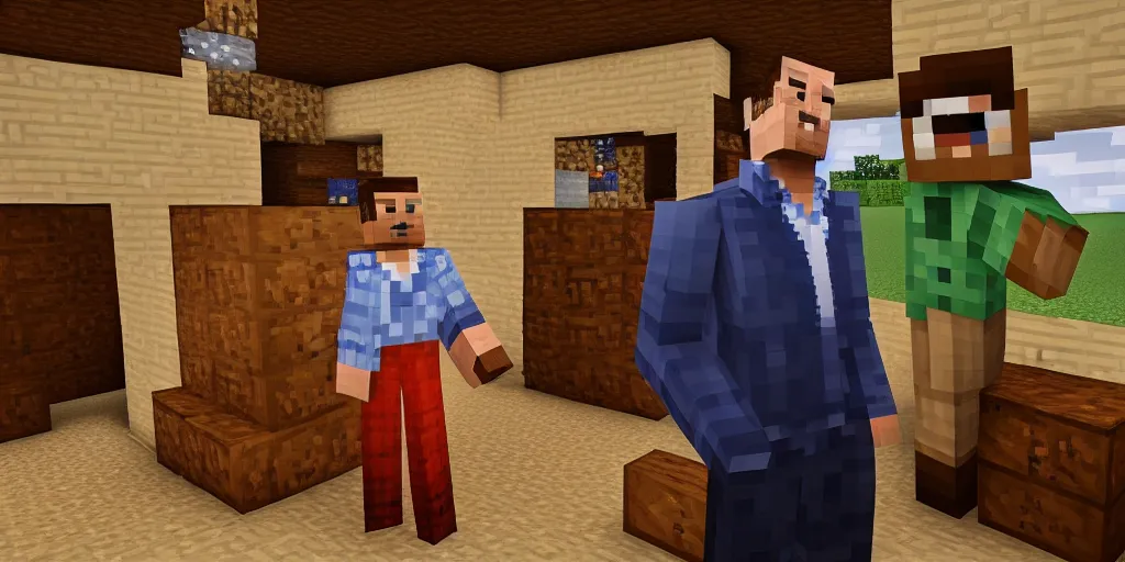 Prompt: ted cruz in a minecraft house standing next to a chest