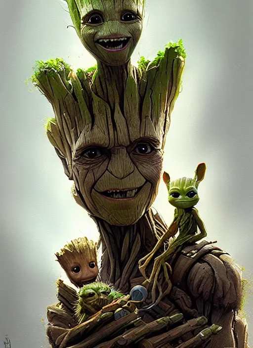 Image similar to very detailed masterpiece painting of groot holding yoda, portrait, artstation, concept art by greg rutkowski