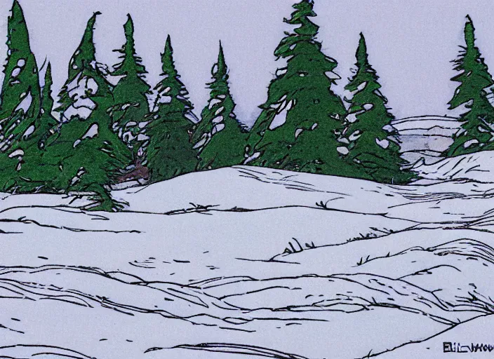 Prompt: rocky snowdrift birch landscape background from calvin and hobbes by bill watterson