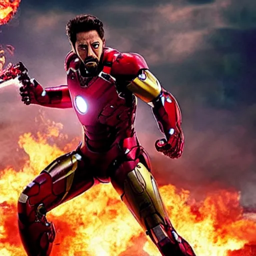 Image similar to < photo hd stunning gritty reimagined gaze = camera > iron man with a flamethrower, burning city in the background < / photo >