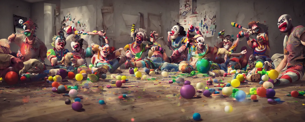 Prompt: clown gang drinking, wide angle, photo realistic, extreme detail, 8K , octane render, cinematic