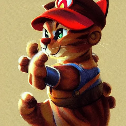 Image similar to Cat as Super Mario, highly detailed, digital painting, artstation, concept art, smooth, sharp focus, illustration, art by artgerm and greg rutkowski and alphonse mucha