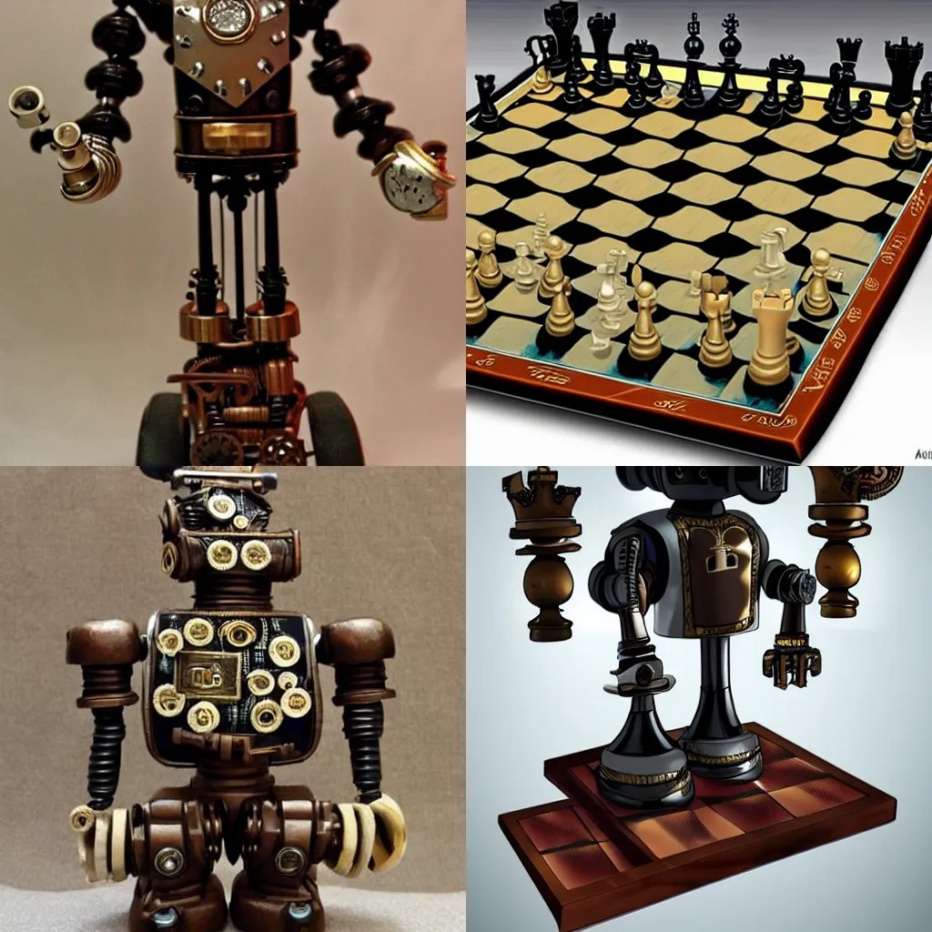 Prompt: very smart chess robot in the style of steampunk