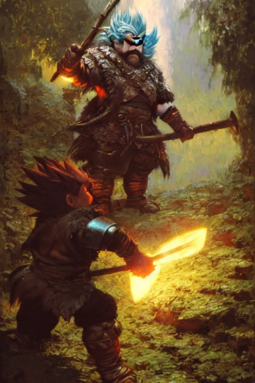 Prompt: dwarf in leather armour in a fantasy forest going super saiyan, holding a large stone axe portrait dnd, painting by gaston bussiere, craig mullins, greg rutkowski, yoji shinkawa