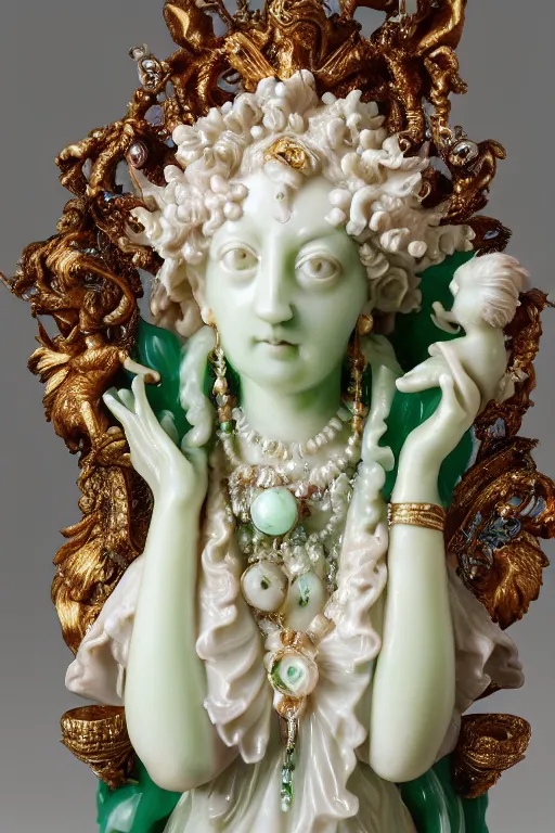 Prompt: a closeup photo, rococo alabaster and jade real delicate ceramic porcelain sculpture of an ornate detailed vulture goddess in front of an intricate background by rafael, micro detail, backlit lighting, subsurface scattering, translucent, thin porcelain, emerald, jade, octane renderer, colorful, physically based rendering, trending on cgsociety