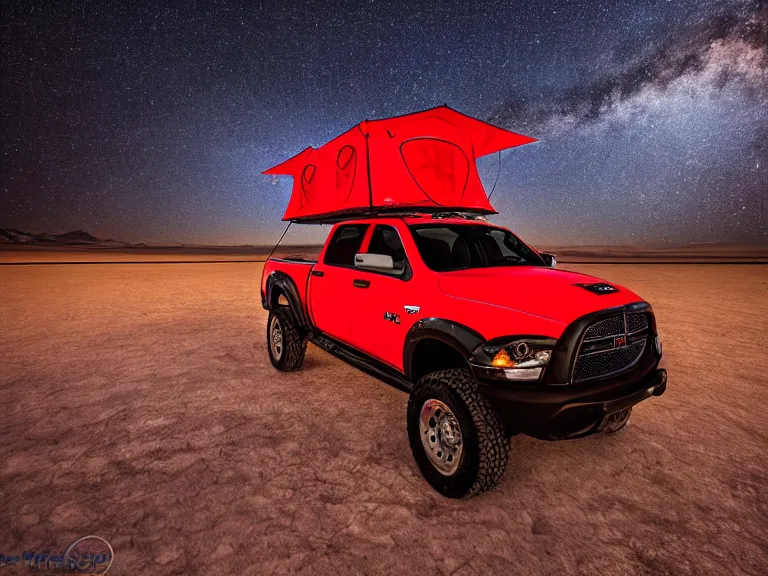 Prompt: dodge ram red power wagon with a roof top tent camping on wet salt flats at night, reflections, long exposure, milky way, award winning, cinematic, Vikram Thomas, 4K