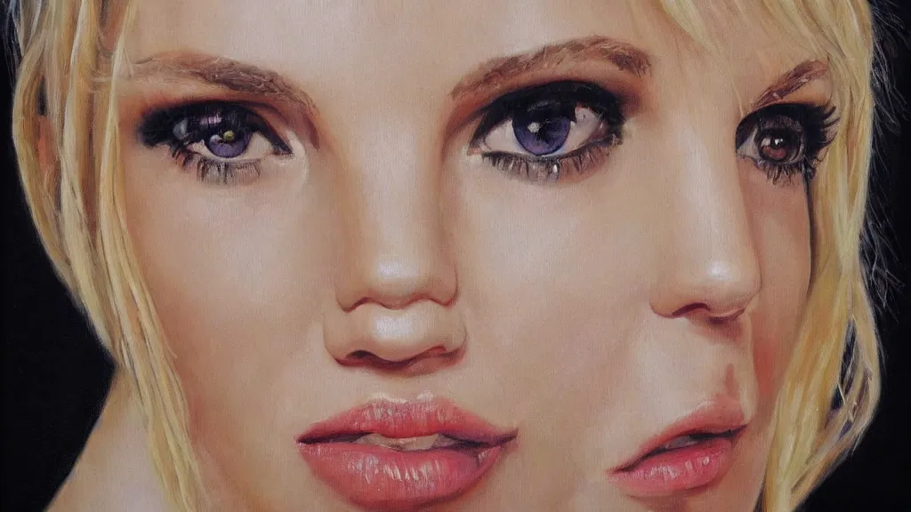 Prompt: A portrait painting of britney spears; the most beautiul painting in the world; trending on artstation; oil on canvas; correct face; correct eyes; anatomically correct; extraordinary masterpiece!!!!!!; 8k