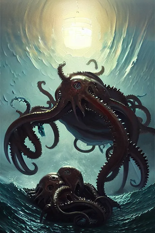 Image similar to greg rutkowski oil painting. kraken