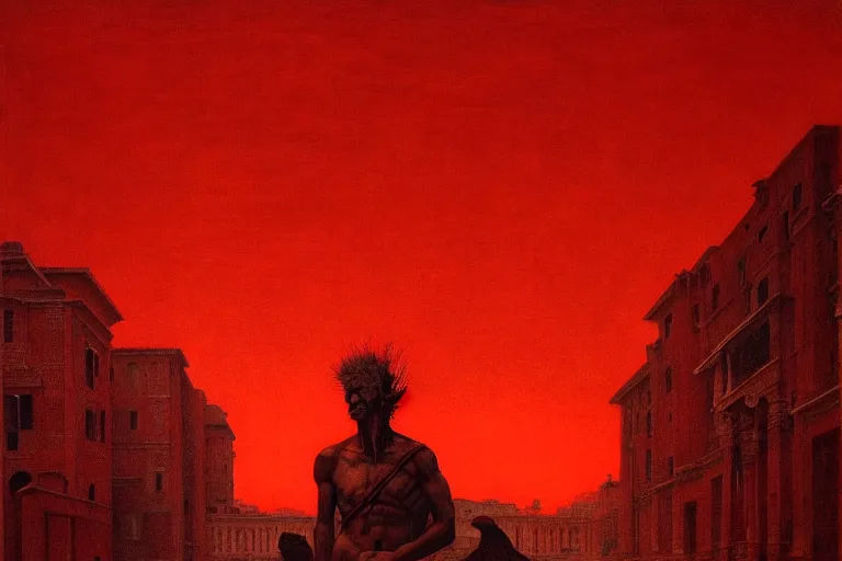 Image similar to only with red, caesar after war, a red tiger, in hoc signo vinces, rome in background, an ancient path, in the style of beksinski, part by hopper, part by rodcenko, part by hofbauer, intricate composition, red by caravaggio, insanely quality, highly detailed, masterpiece, red light, artstation