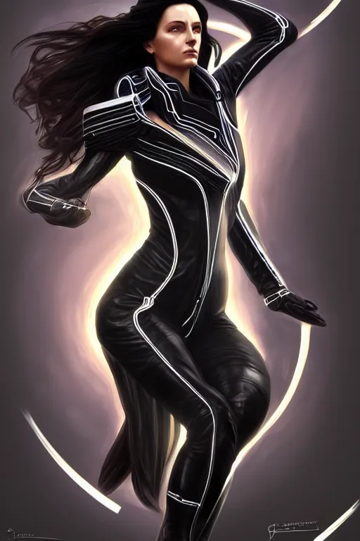 Prompt: portrait of a long black haired woman transforming into energy in the style of mass effect, leather trench coat, intricate, elegant, highly detailed, digital painting, artstation, concept art, smooth, sharp focus, illustration, art by artgerm and greg rutkowski and alphonse mucha, 8 k