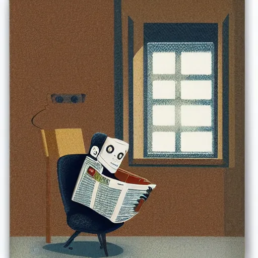 Prompt: robot reading the newspaper in his armchair in the background books near a window by Pablo piccaso