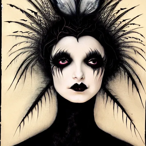 Image similar to portrait soft light, goth woman as mysterious supervillain and and black veil and modestly clothed victorian goth, black feathers instead of hair, black wings instead of arms, gray mottled skin, black feathers growing out of skin, transforming, by tim burton and brian froud, german expressionist, paintbrush, rough paper, fine,