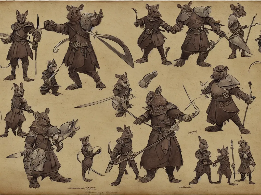 Image similar to character design sheet for a heroic mouse knight with sword and shield on a parchment background, redwall, greg rutowski and jean baptiste monge, very very detailed, epic fantasy concept art