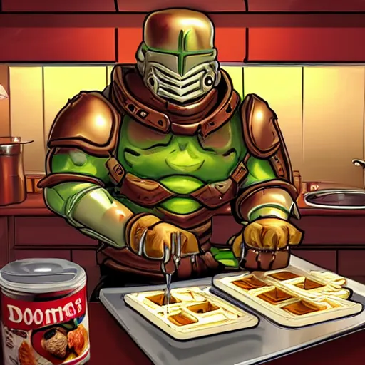 Prompt: doomslayer cooking waffles