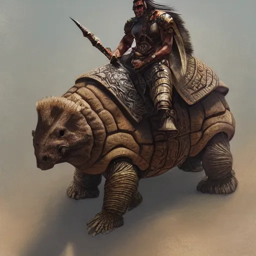 Prompt: toltec riding a glyptodon, fullbody, fantasy, intricate, elegant, highly detailed, digital painting, artstation, longspear, concept art, smooth, sharp focus, illustration, art by greg rutkowski and justin gerard