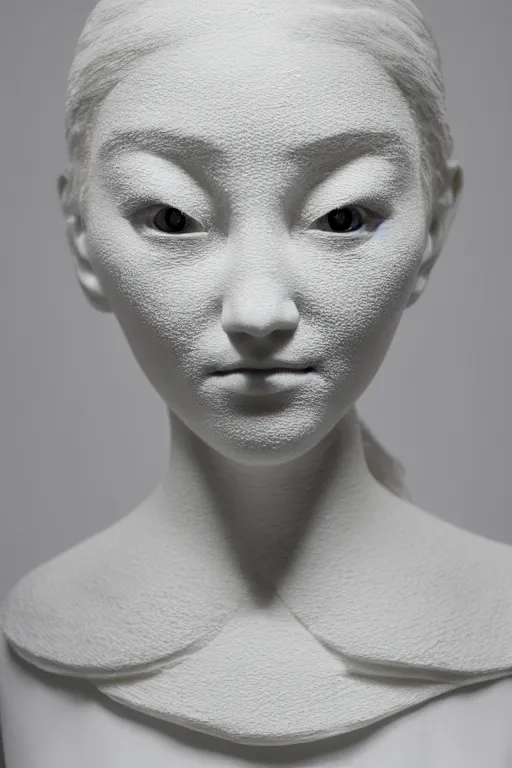 Image similar to full head and shoulders, beautiful female porcelain sculpture by daniel arsham and raoul marks, smooth, all white features on a white background, delicate facial features, white eyes, white lashes, detailed white, the head is split open like an egg, gold paint flows out