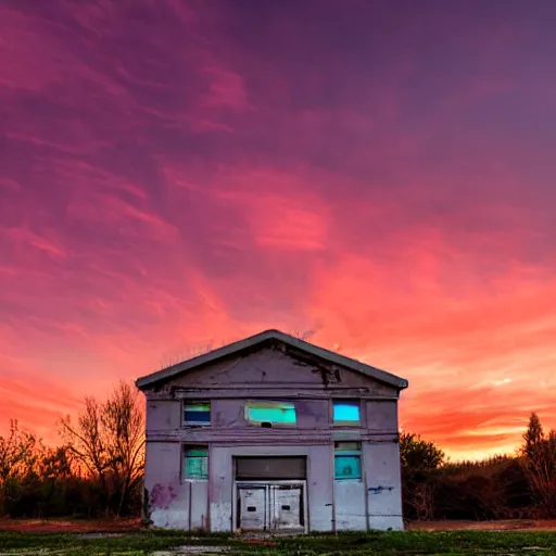 Image similar to an abandonned school at sunset, neon style