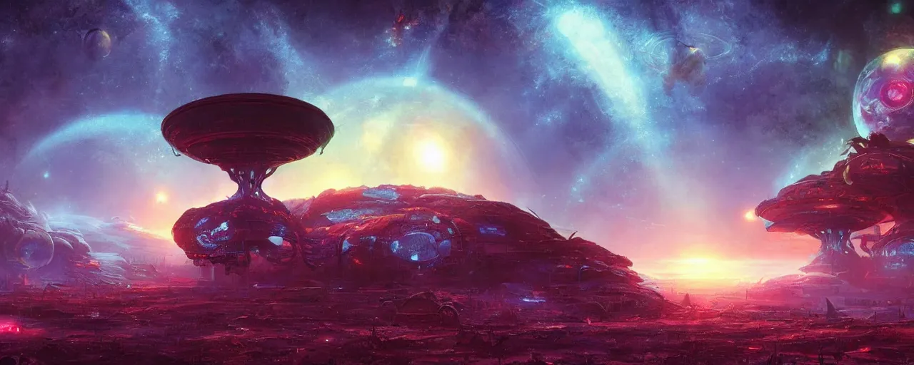 Image similar to ” planetary portal abandoned over open sky, [ art by paul lehr, cinematic, detailed, epic, widescreen, opening, establishing, mattepainting, photorealistic, realistic textures, octane render ] ”