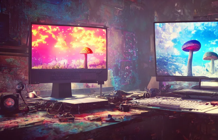 Image similar to A realistic painting of a vintage computer, with a psychedelic mushroom on the screen, in a post apocalyptic setting, unreal 5, DAZ, hyperrealistic, octane render, RPG portrait, dynamic lighting