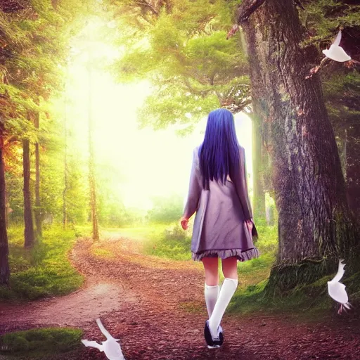 Image similar to Art Anime Girl At A Beautiful Forest With Birds