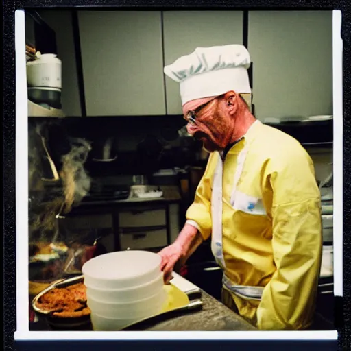 Prompt: 35mm polaroid of walter white cooking, photography