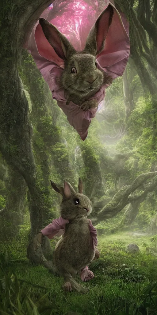 Prompt: half child half rabbit in a pink shirt, surrounded by a green forrest, moody , lovecraft, giger, ridley scott, zack snyder, Fenghua Zhong, realistic cinematic lighting, establishing action shot, ultra detailed, hyper realism, photo, octane render