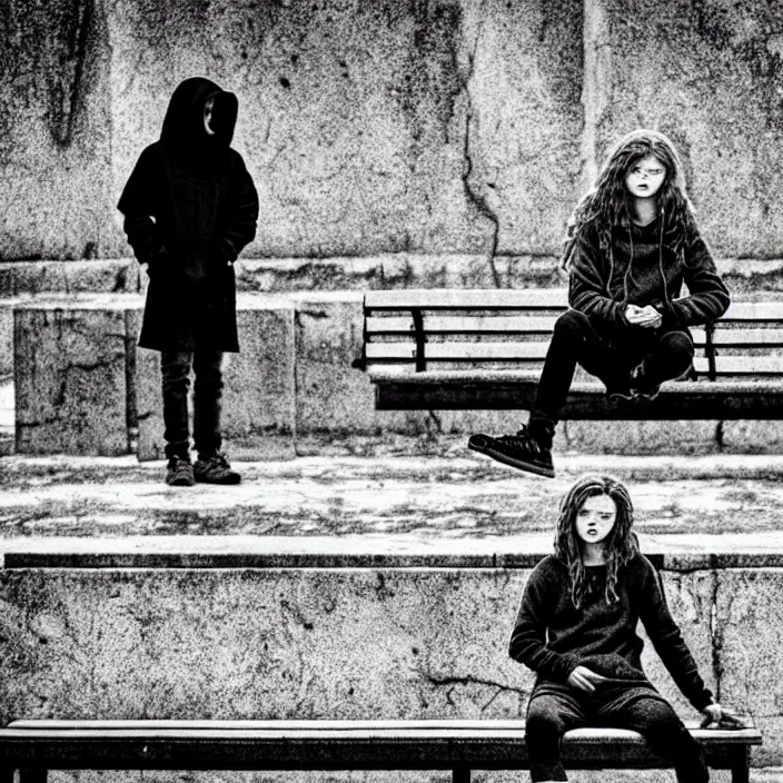 Image similar to storyboard : sadie sink in hoodie sat down on bench in ruined square, pedestrians walk by, old soviet monument nearby. scifi cyberpunk. by gabriel hardman. cinematic atmosphere, detailed and intricate, perfect anatomy