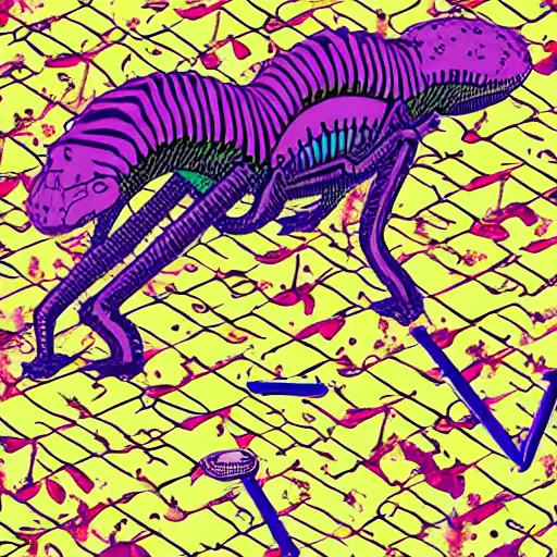 Image similar to the rhythmic rattling of a mechanical reptile, his Shadow is a wraith who feasts on sweets. a paradoxically sweet-scented colorful concotion laid out to trap the beast with cyanide hidden in its sauce. the mess of pie stains the beast's nostrils as it devours in textural and subliminal hypnotic spirals, lashing its tongue through its serrated teeth with envy, envy for the past self who had not yet seen such a pastry and was sent, vectorized, flattened