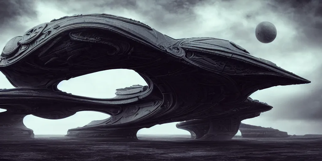 Image similar to a large ominous and geometric very ornate and detailed spaceship, lots of shapes intertwined very large and long floating over a barren dry land with an epic cloud formation on the background by James Paick,very detailed, octane render, 8k, scary and brooding, scary and dark, canon 24mm lens