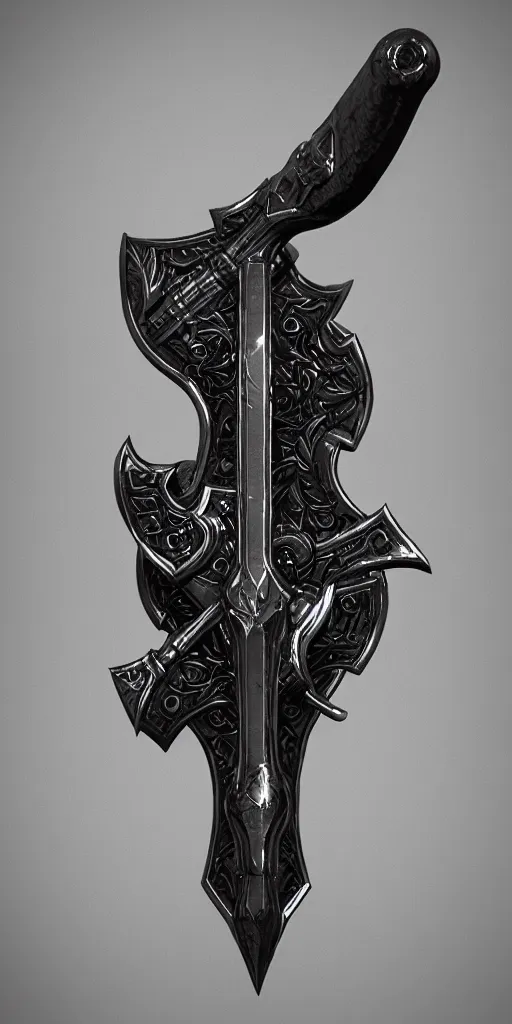 Prompt: a black and silver axe skull crest, ornament, weapon, render by dom qwek, trending on polycount, artstation, hard surface modeling