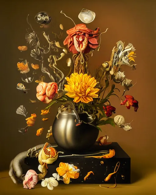 Image similar to refined gorgeous blended oil painting with black background by christian rex van minnen rachel ruysch dali todd schorr of a chiaroscuro portrait of an extremely bizarre disturbing mutated man made of still life flowers and rubber insects with shiny skin acne dutch golden age vanitas intense chiaroscuro cast shadows obscuring features dramatic lighting perfect symmetry perfect composition masterpiece