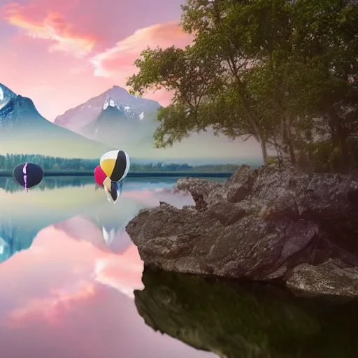 Image similar to photo of two black swans touching heads in a beautiful reflective mountain lake, a colorful hot air balloon is flying above the swans, hot air balloon, intricate, 8k highly professionally detailed, HDR, CGsociety