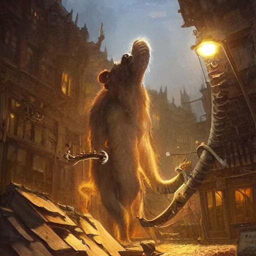 Image similar to “a giant rat in a creepy town getting attacked by a wooly mammoth, twilight, D&D, fantasy, intricate, cinematic lighting, highly detailed, digital painting, artstation, concept art, smooth, sharp focus, illustration, art by Artgerm and Greg Rutkowski and Alphonse Mucha”