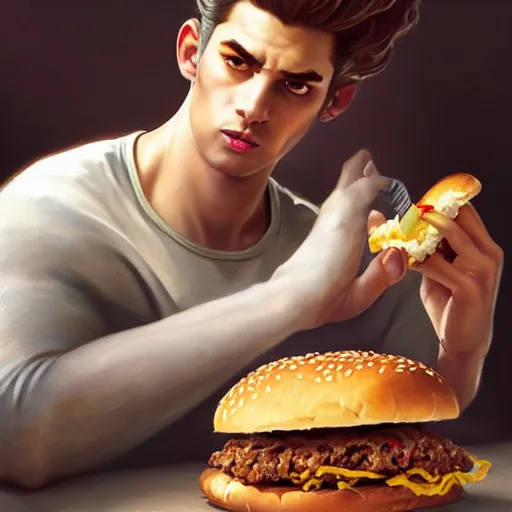 Image similar to portrait of a kosmo Kramer eating a hamburger, extra onions and ketchup, luscious patty with sesame seeds, masculine, handsome, D&D, fantasy, intricate, elegant, highly detailed, digital painting, artstation, concept art, matte, sharp focus, illustration, art by Artgerm and Greg Rutkowski and Alphonse Mucha