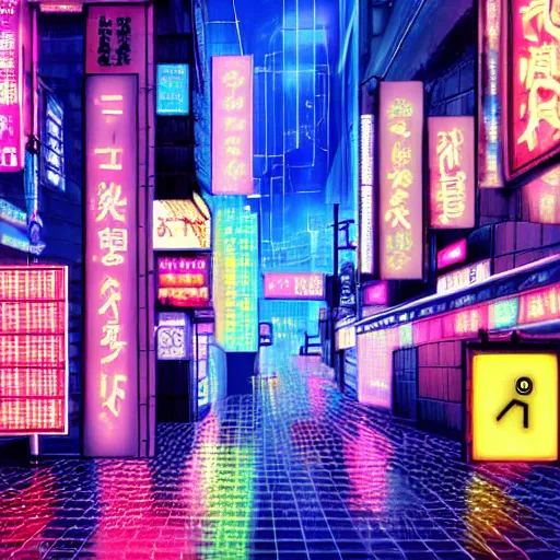 Prompt: cyberpunk Tokyo rainy street, bright neon lights, photorealistic