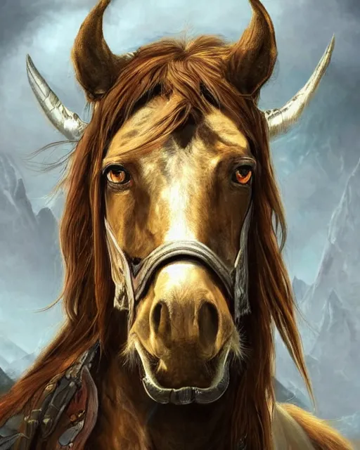 Prompt: ''face portrait of a rugged horse, fantasy, mountain landscape, d & d, digital painting, artstation, deviantart, concept art, illustration, art by dragolisco and anne stokes and nico niemi''