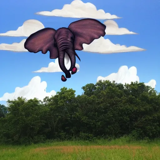 Prompt: flying elephant with big wings in the clouds