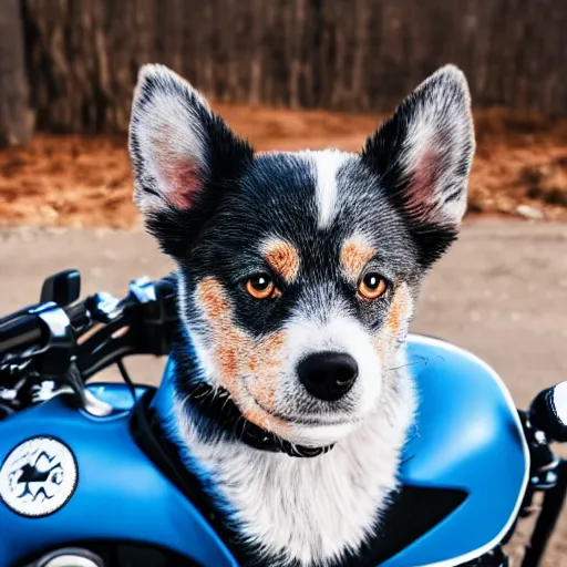 Image similar to blue heeler dog on a motorcycle, 8 k photography, blurred background of a wafflehouse