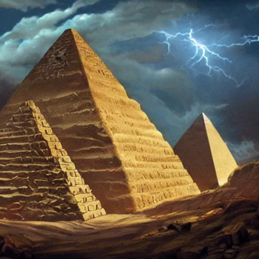 Prompt: Zues guarding the pyramid of Cheops, dessert, ancient world, realistic, god, dramatic lightning, very detailed, concept art,