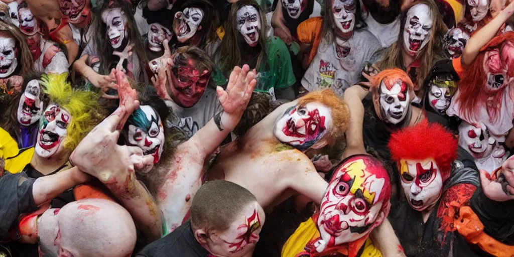 Image similar to Juggalos vs clowns school food fight, detailed facial expressions