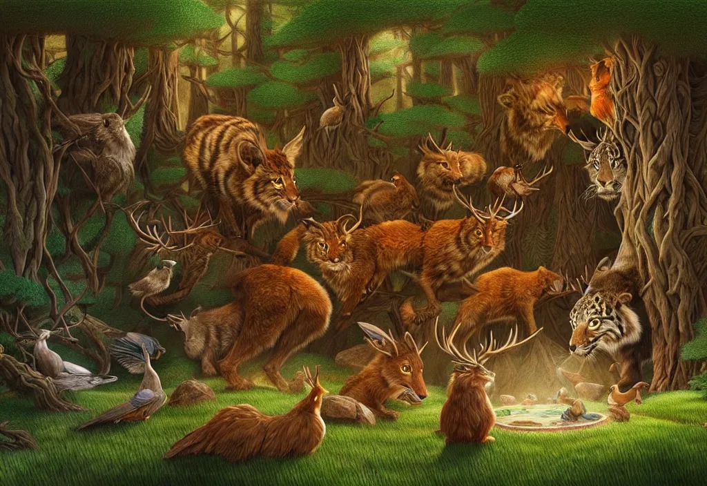 Prompt: bev doolittle hidden animals everywhere enchanted forest ( hidden animals ) drawing elegant, highly detailed, digital painting, artstation, concept art, matte, sharp focus, illustration, hearthstone,