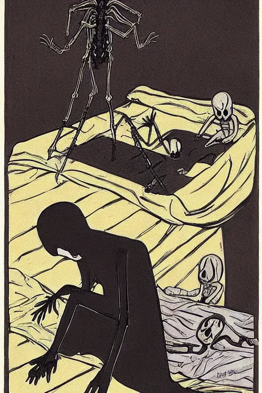 Prompt: The grim reaper crossed with a spider looming over a sleeping childs bed preparing to eat his soul